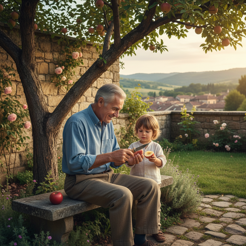 The Pocket Knife and the Apple Slice: Grandfather Sharing Fruit in the Garden — visual companion 3