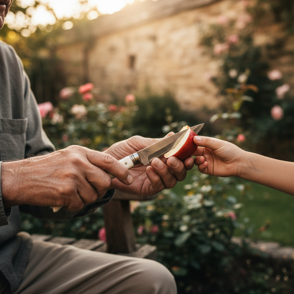 The Pocket Knife and the Apple Slice: Grandfather Sharing Fruit in the Garden — visual companion 2