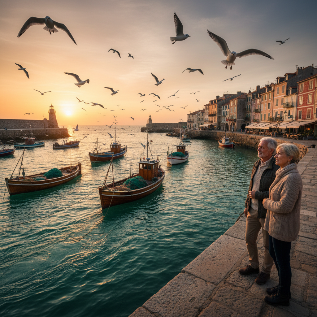 Watching the Evening Trawlers Return: Gulls Wheeling Above Green Harbour Water — visual companion 3