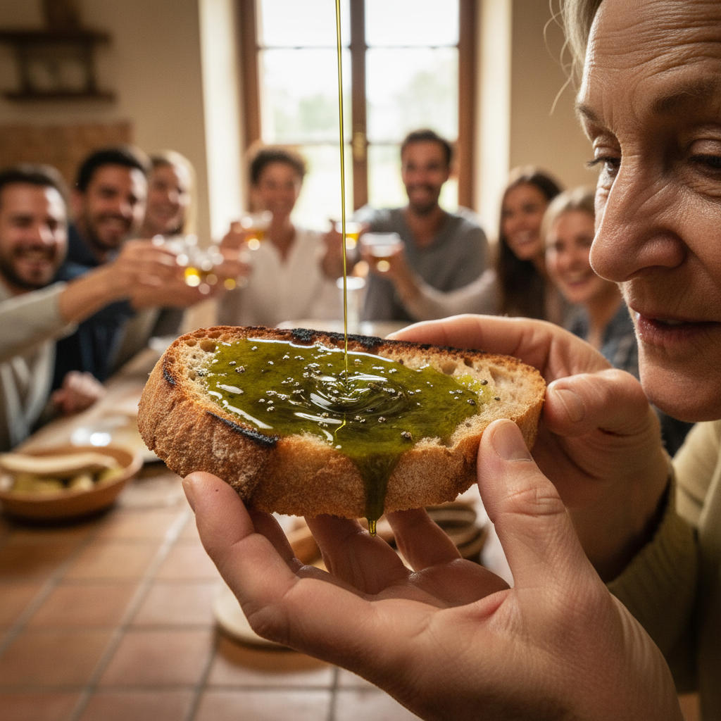 Tasting the First Green Oil on Grilled Bread: Peppery Notes and Family Cheers — visual companion 2