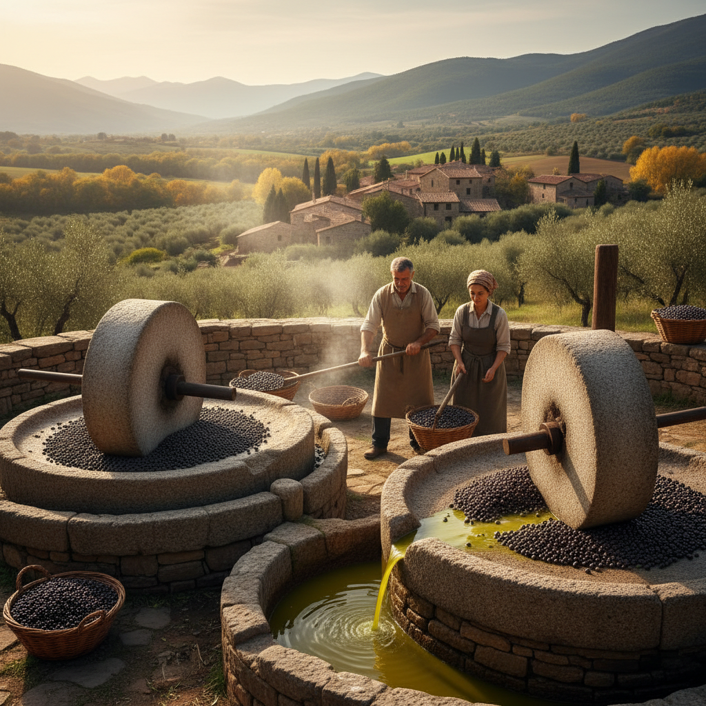 The Stone Olive Mill: Granite Rollers Crushing Autumn Olives to Cold Oil — visual companion 3