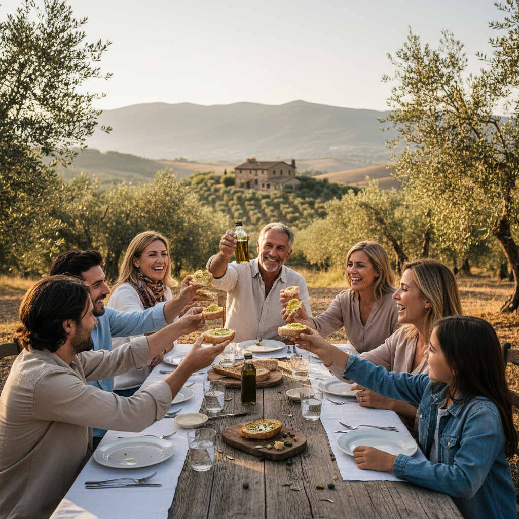 Tasting the First Green Oil on Grilled Bread: Peppery Notes and Family Cheers — visual companion 3