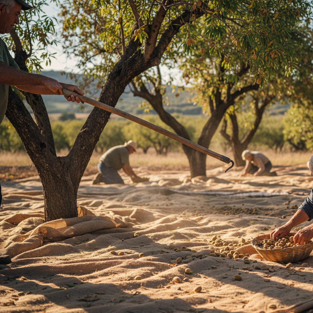 The Almond Shaking Poles: Burlap Sheets Spread Under Spanish Almond Groves — visual companion 2
