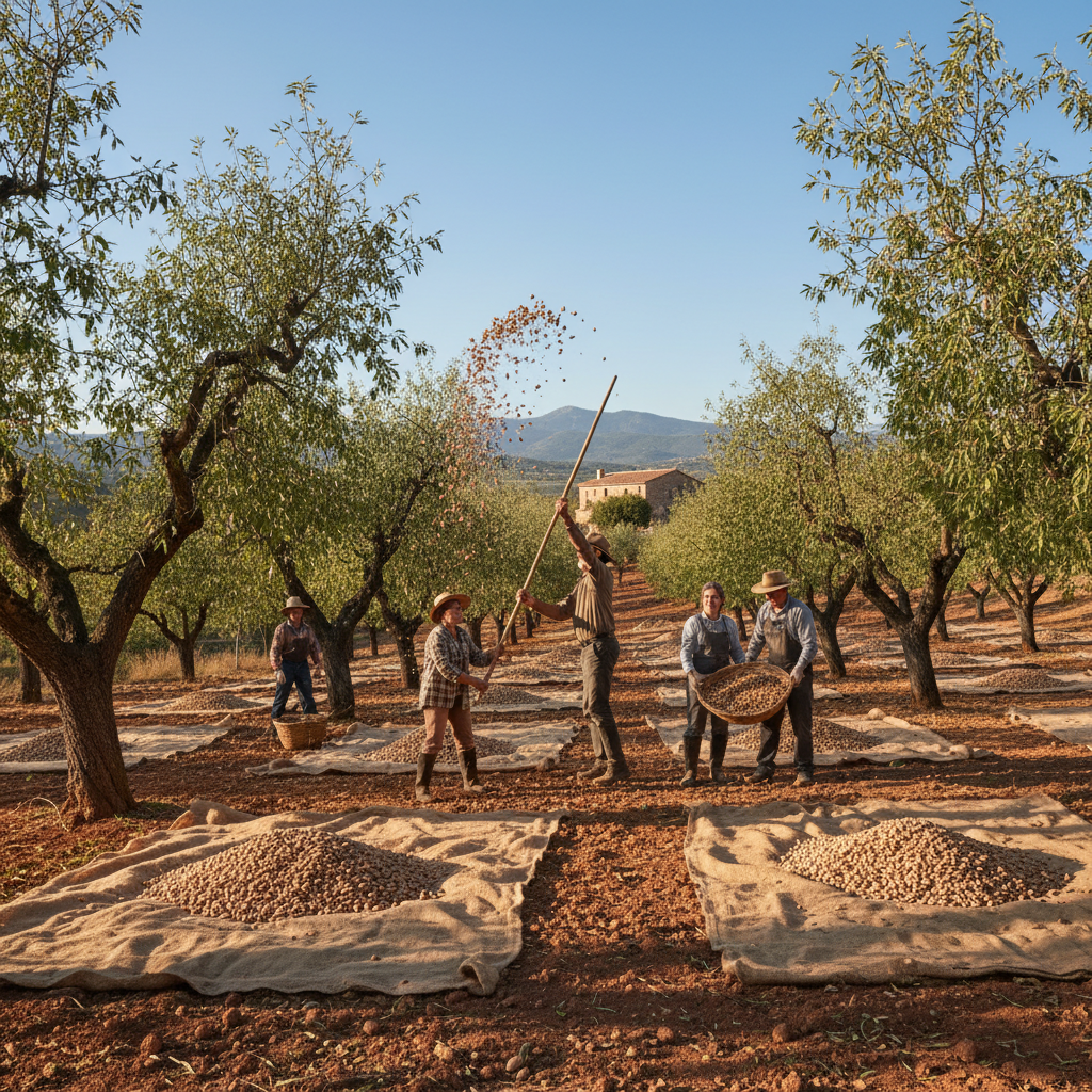 The Almond Shaking Poles: Burlap Sheets Spread Under Spanish Almond Groves — visual companion 3