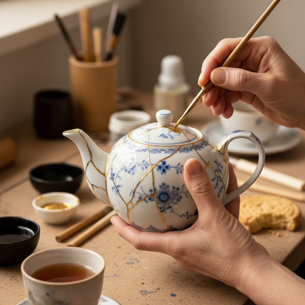 Restoring a Cracked Porcelain Teapot with Japanese Kintsugi Gold Lacquer — visual companion 2