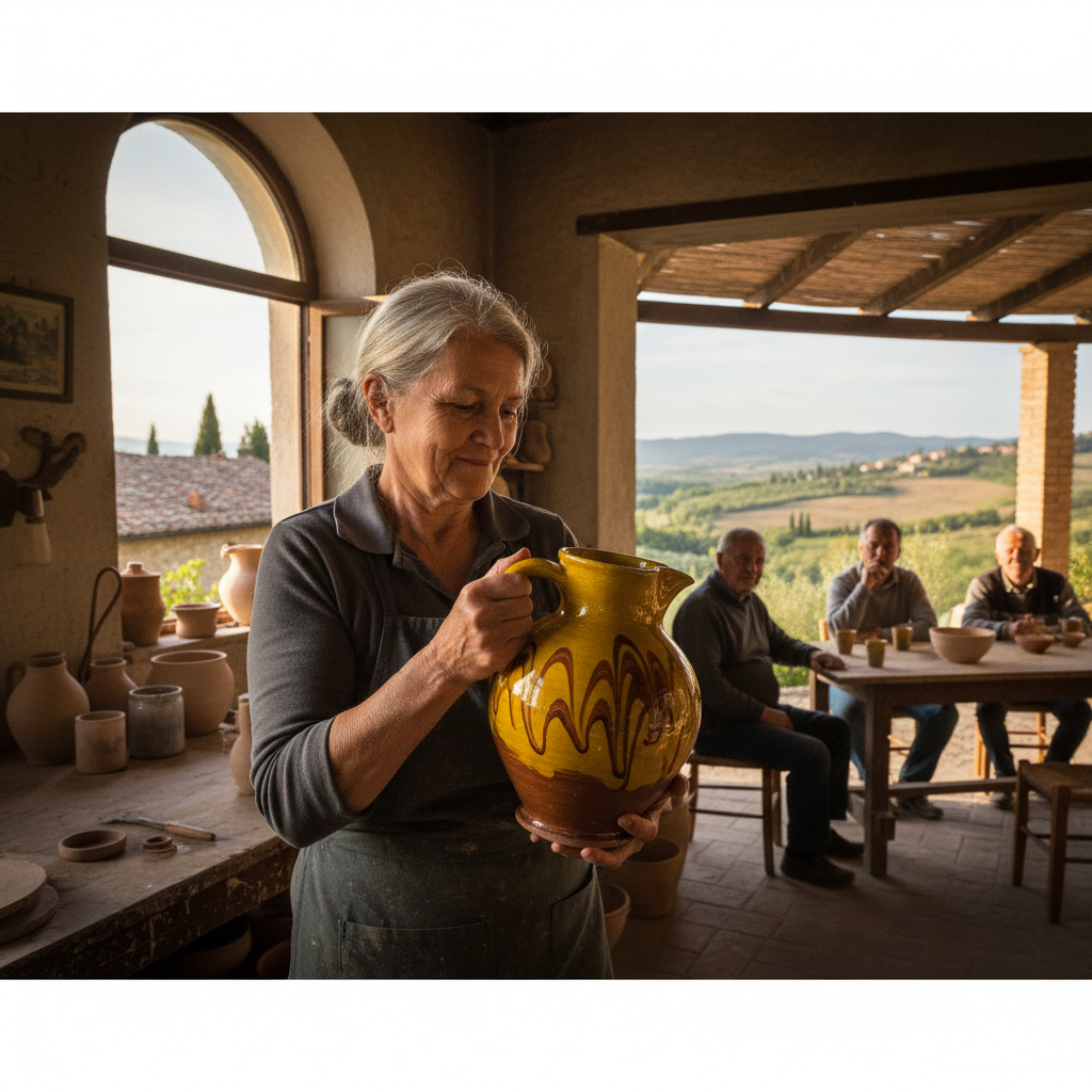The Slipware Water Pitcher: Yellow Lead Glazes and Flowing Brown Swirls — visual companion 3