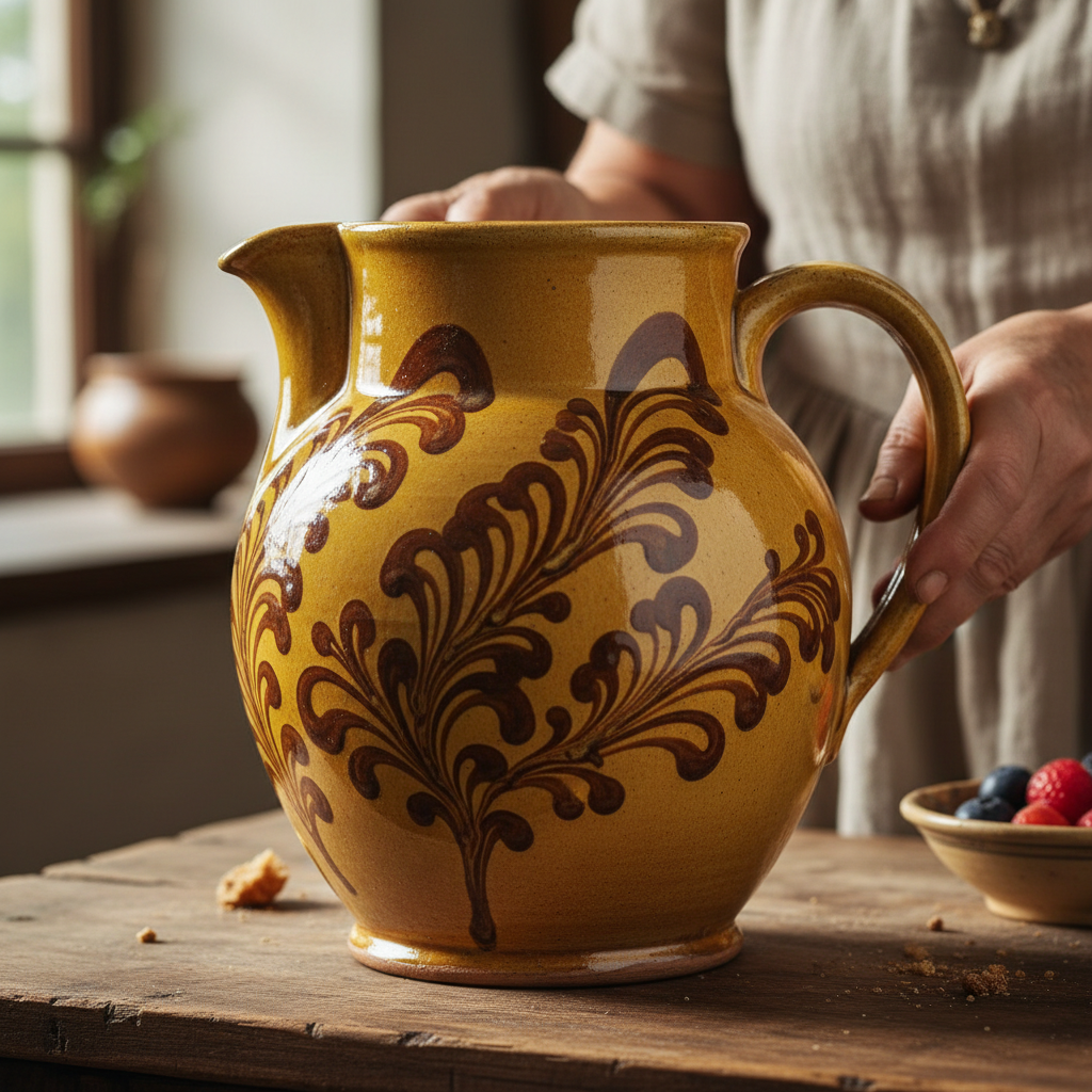 The Slipware Water Pitcher: Yellow Lead Glazes and Flowing Brown Swirls — visual companion 2