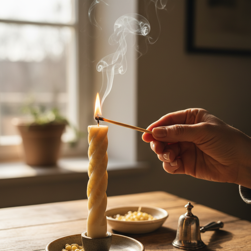 Lighting a Scented Beeswax Candle: Natural Honey Aromas Clearing the Air — visual companion 2