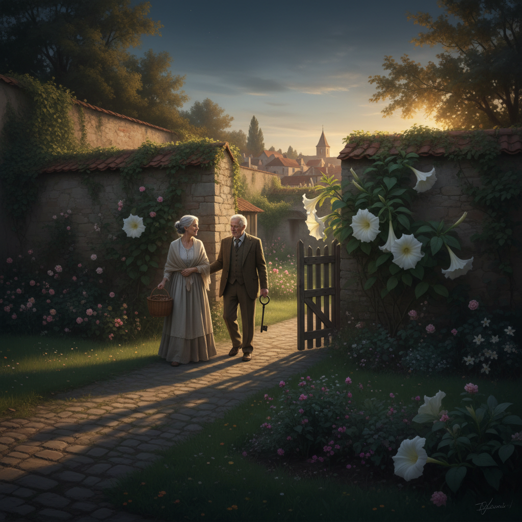 The Evening Garden Walk to Lock the Gate: Moonflowers Blooming in the Shadows — visual companion 3
