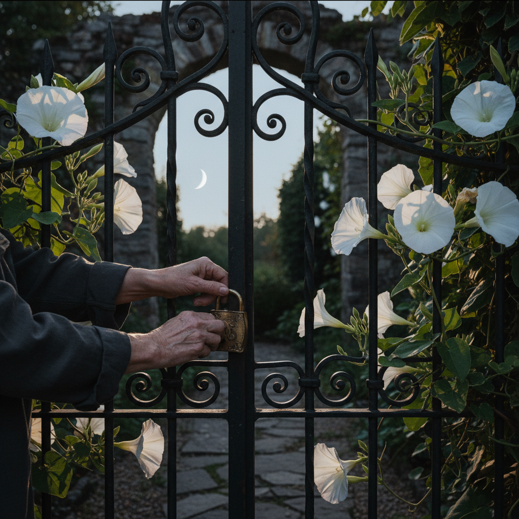 The Evening Garden Walk to Lock the Gate: Moonflowers Blooming in the Shadows — visual companion 2