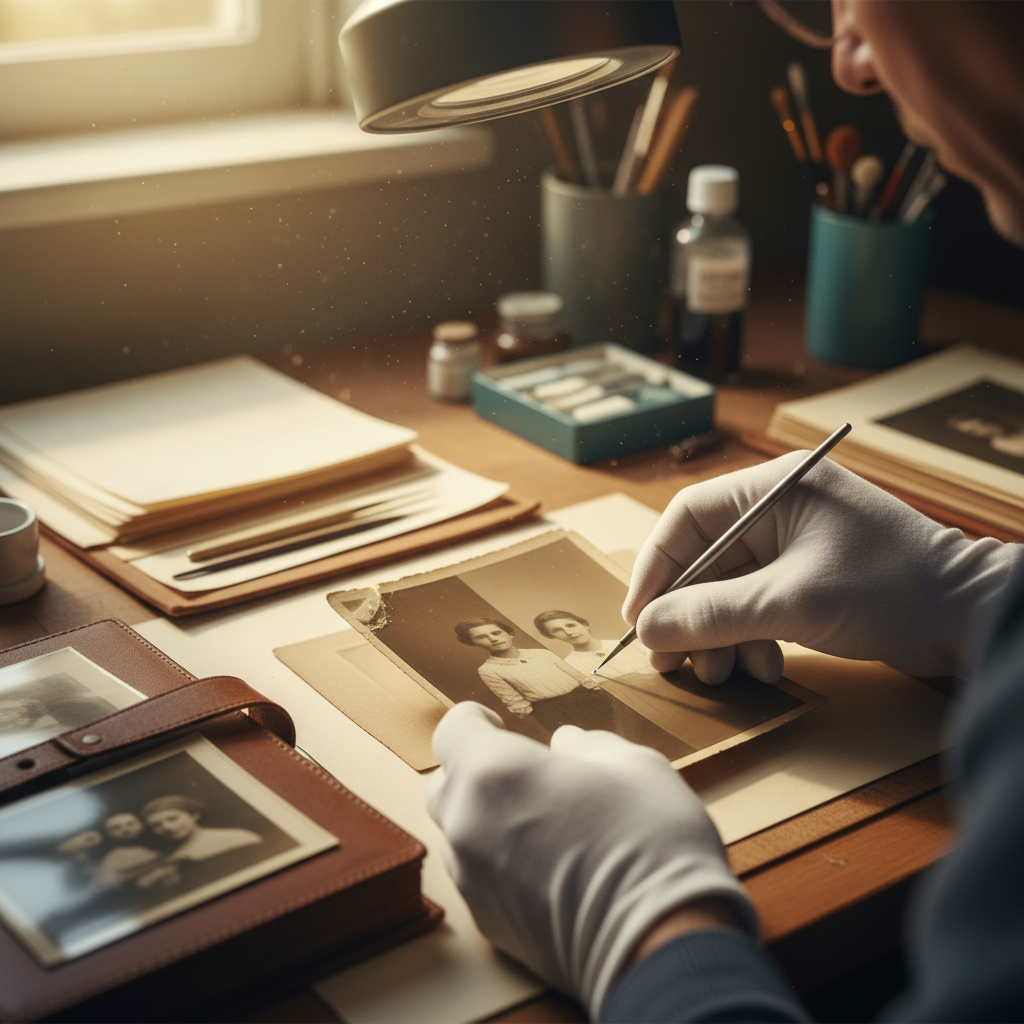 Oude familiefoto’s zorgvuldig restaureren — Redactionele afbeelding 2
