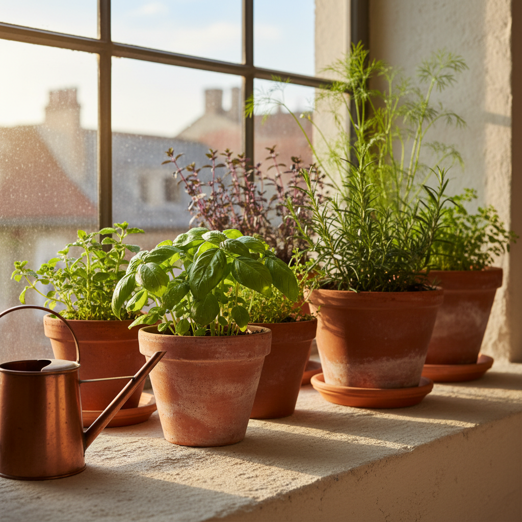 Kräuter zu Hause auf einer sonnigen Fensterbank anbauen — Redaktionelles Bild 2