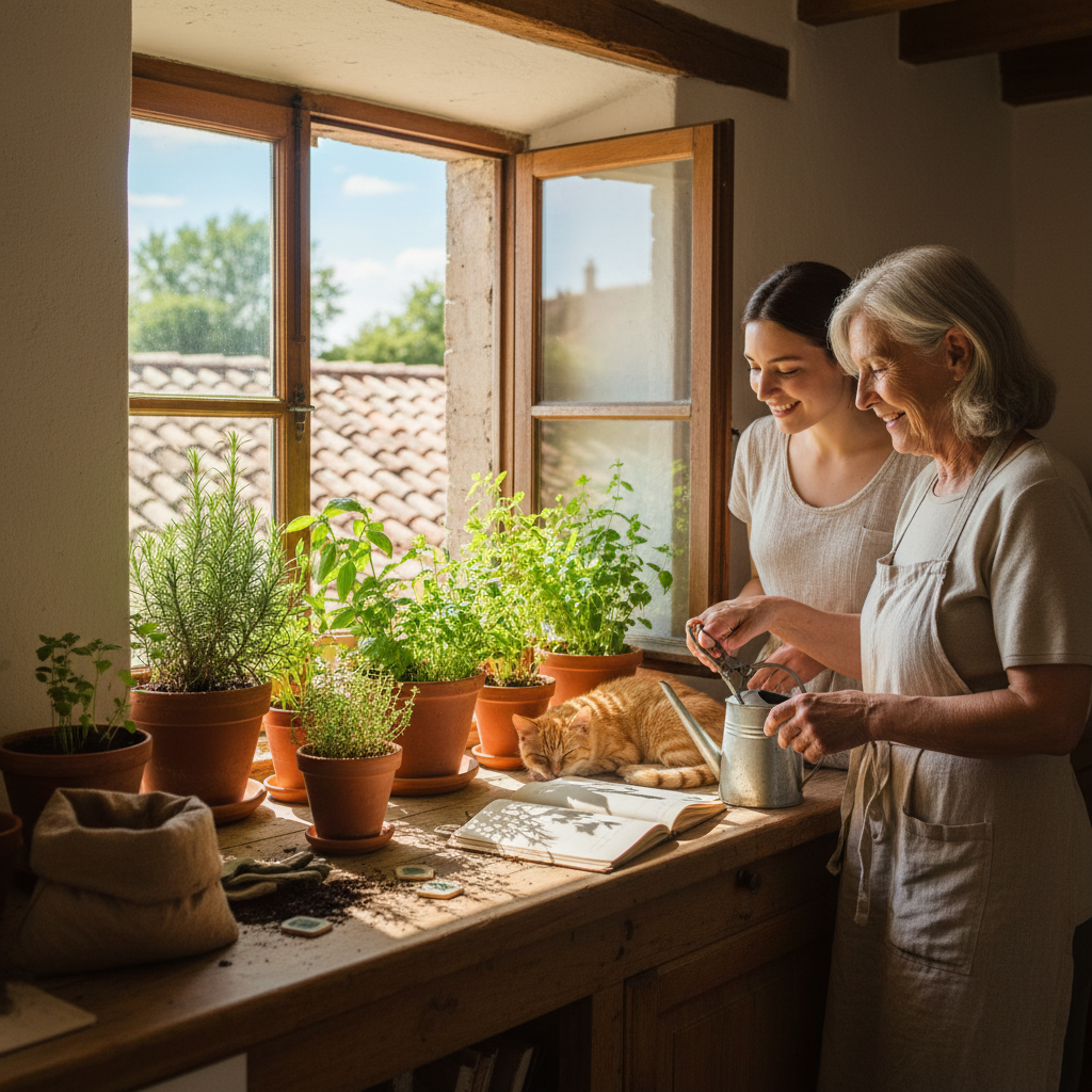Kräuter zu Hause auf einer sonnigen Fensterbank anbauen — Redaktionelles Bild 3