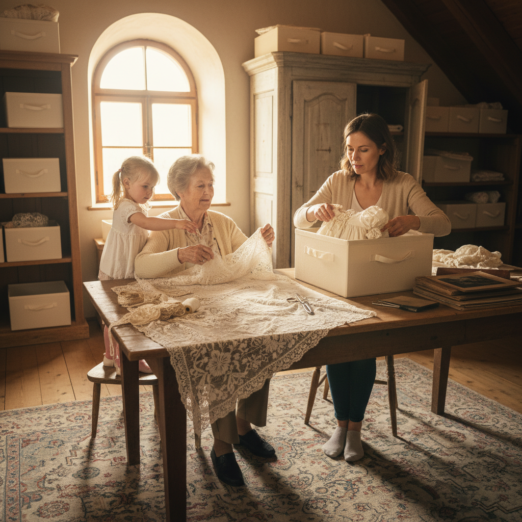 Le fil du temps : conservation archivistique des nappes brodées, des dentelles et des robes de baptême — Visuel éditorial 3