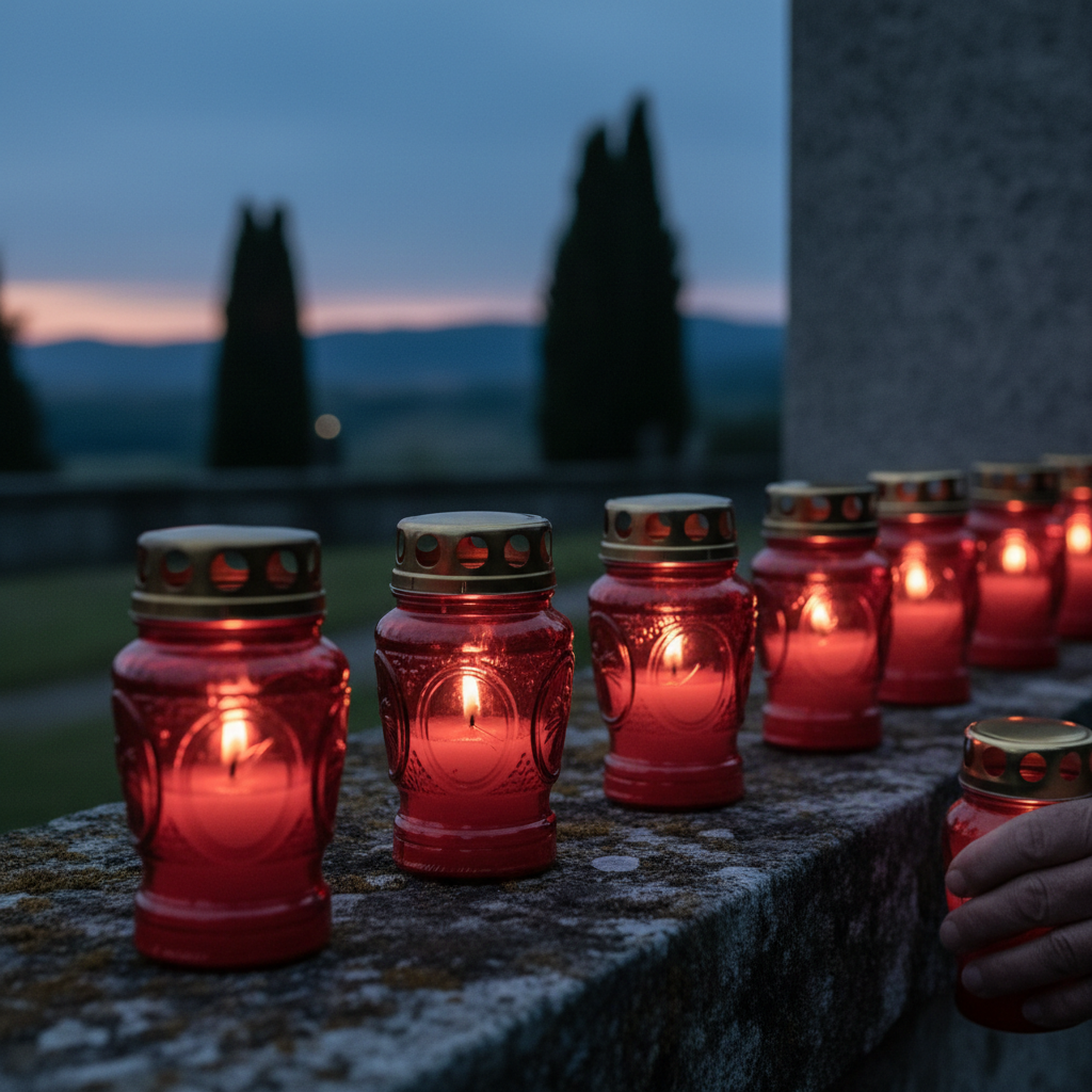 Una flama en la quietud: el consol antic d’encendre espelmes commemoratives al capvespre — Imatge editorial 2