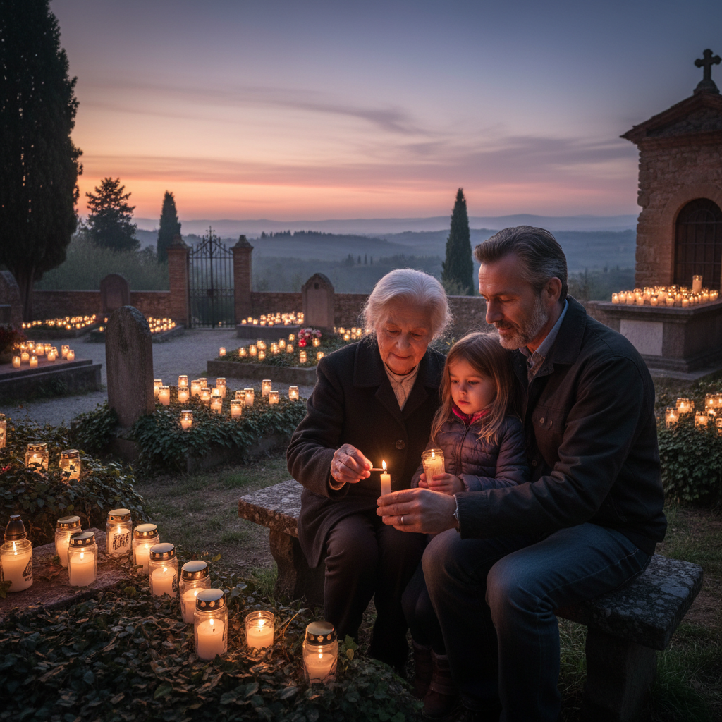 Una flama en la quietud: el consol antic d’encendre espelmes commemoratives al capvespre — Imatge editorial 3