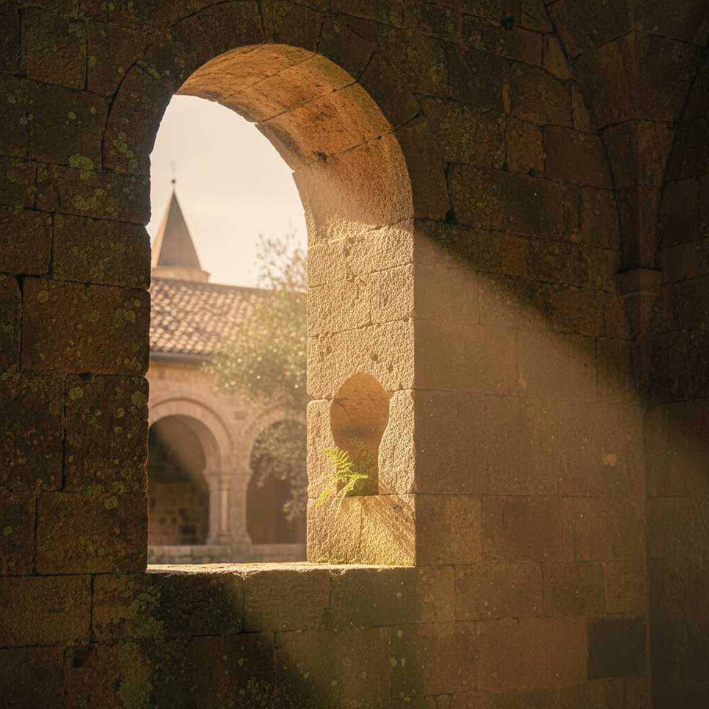 Sol sobre pedra antiga: trobar pau contemplativa en claustres i esglésies antics — Imatge editorial 2