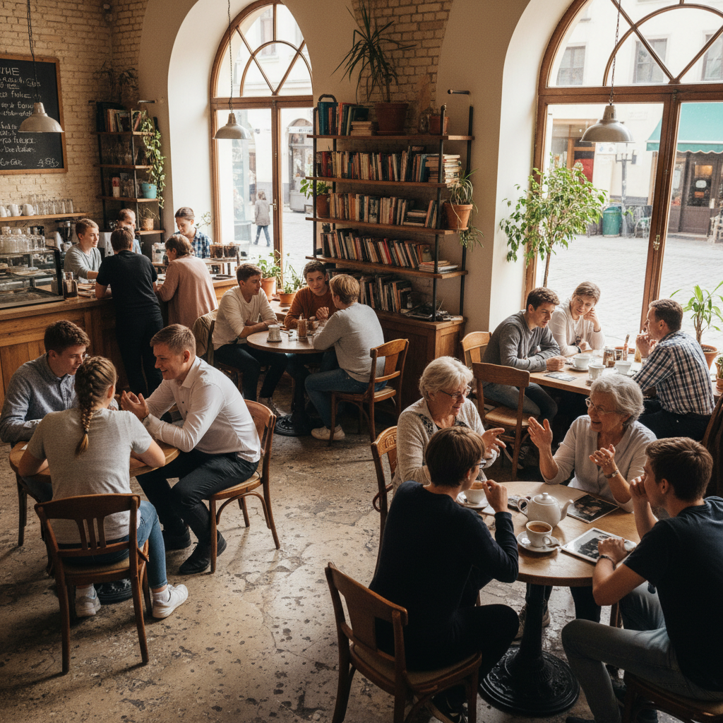 Das Café der Generationen: Jugendliche und Seniorinnen und Senioren tauschen Geschichten aus — Redaktionelles Bild 3