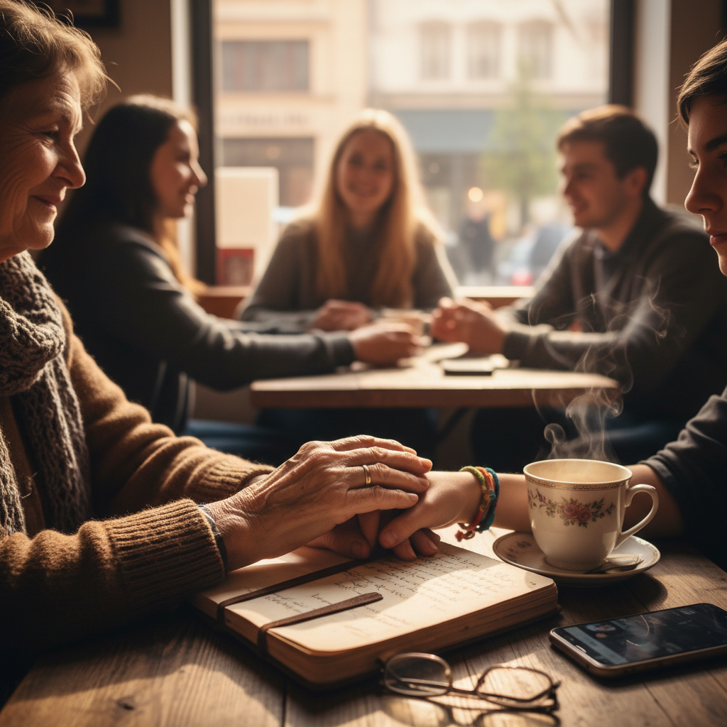 Das Café der Generationen: Jugendliche und Seniorinnen und Senioren tauschen Geschichten aus — Redaktionelles Bild 2