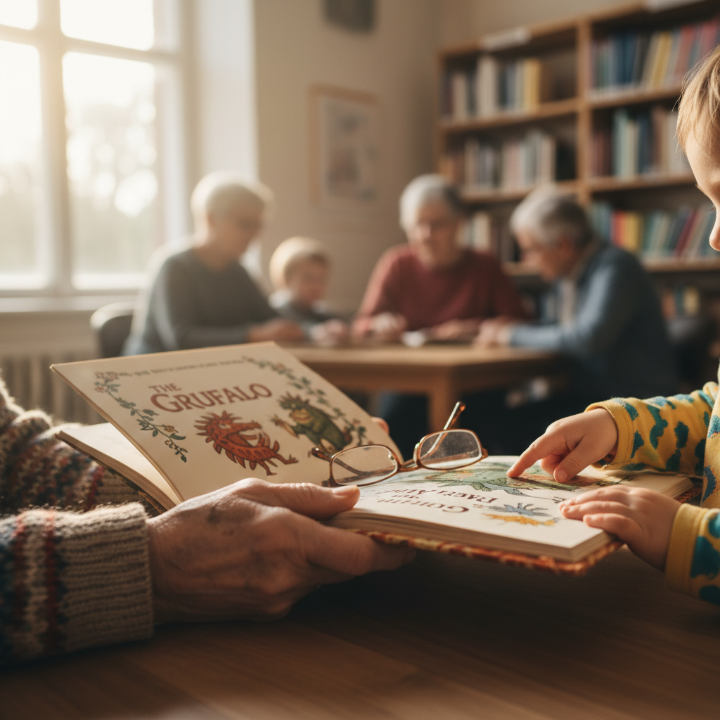 Companys de lectura: l’alegria mútua de la gent gran que escolta llegir els escolars — Imatge editorial 2