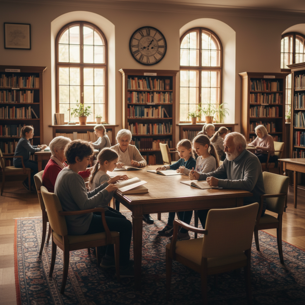 Companys de lectura: l’alegria mútua de la gent gran que escolta llegir els escolars — Imatge editorial 3