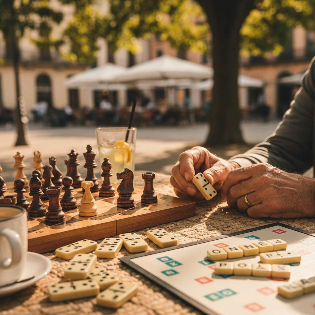 Schachmatt auf dem Platz: Schach, Domino und Scrabble an warmen Nachmittagen — Redaktionelles Bild 2
