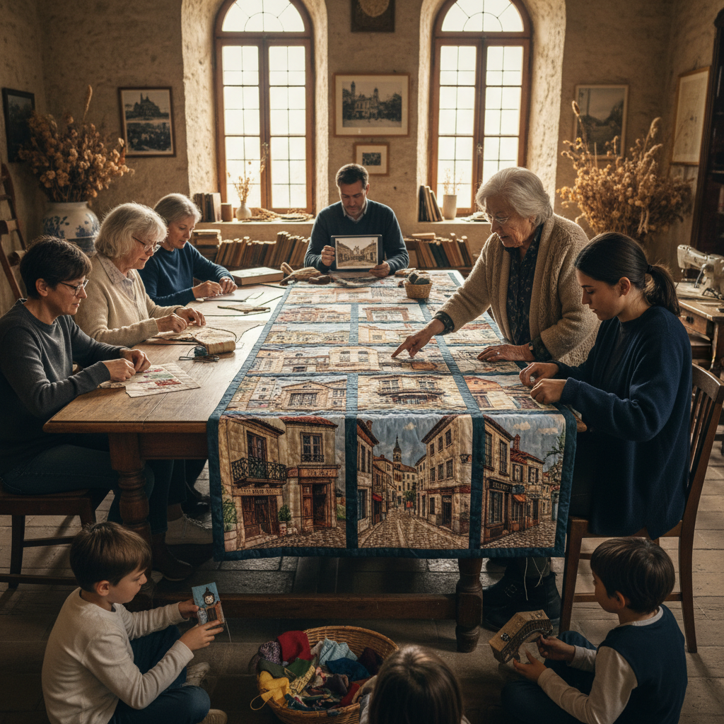 El cobrellit dels records: cosir paisatges urbans històrics i records en tela — Imatge editorial 3