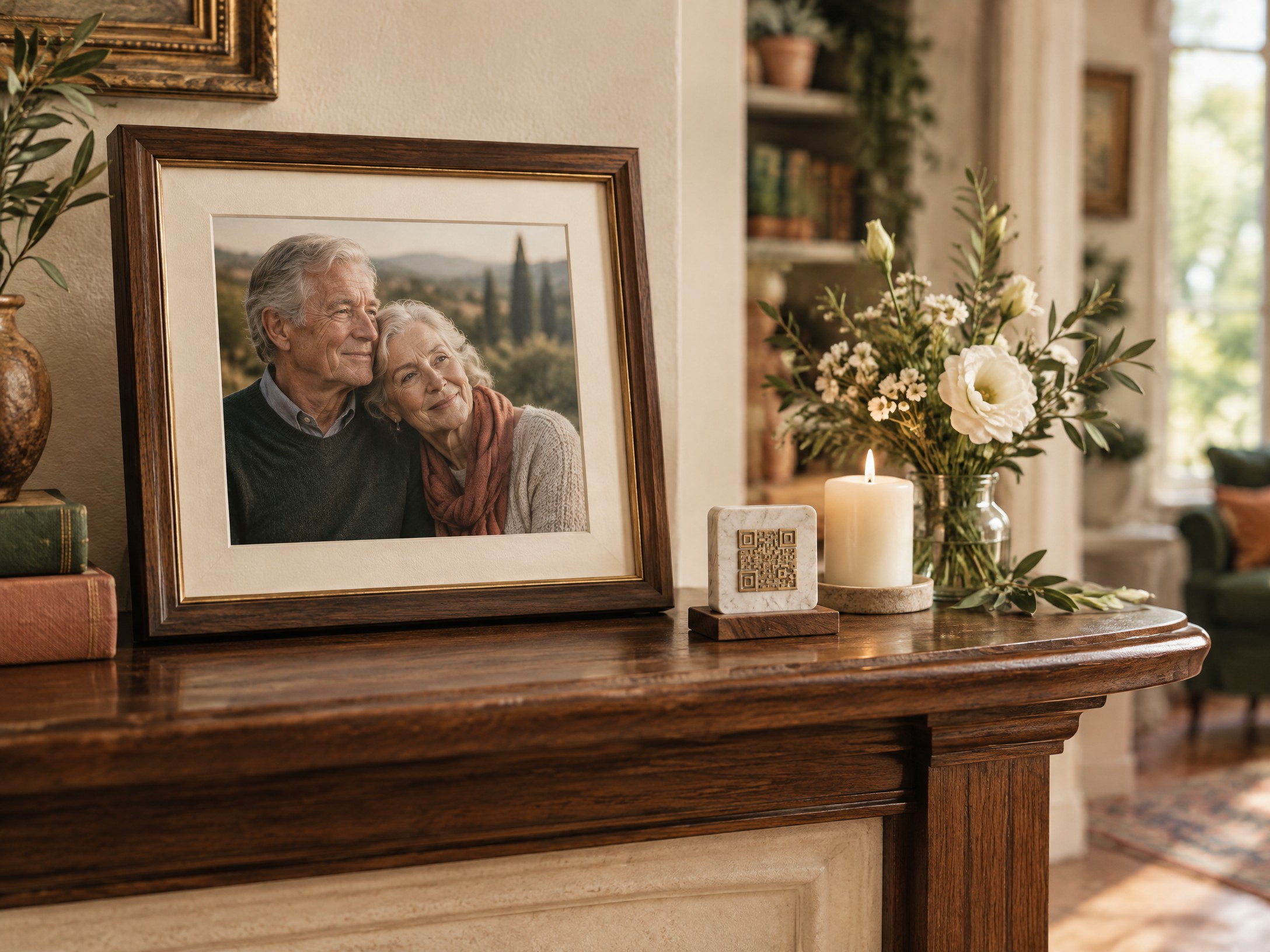 Framed family memorial photograph and QR digital keepsake table