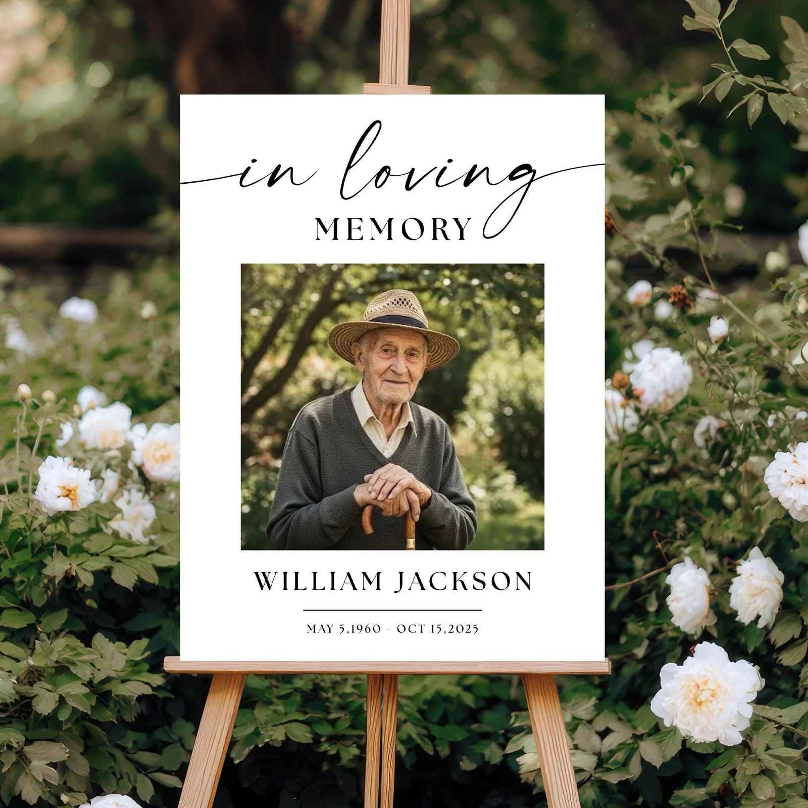 A family memorial portrait and celebration display in a warm garden setting